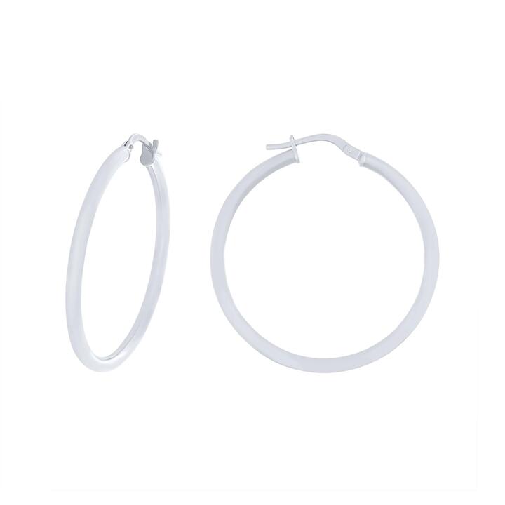 Image of Earrings. Productname: 9kt White Gold Silver Infused Plain Hoop Earrings in Gold colour by brand - Bevilles