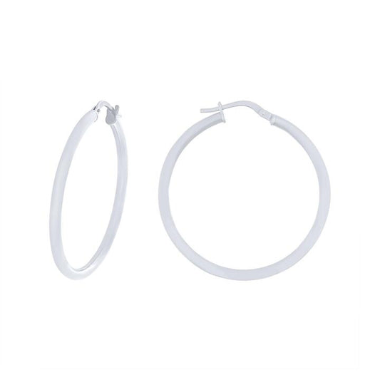 Image of Earrings. Productname: 9kt White Gold Bonded Plain Hoop Earrings in colour by brand - Bevilles