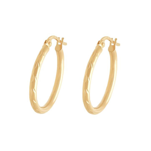 Image of Earrings. Productname: 9kt Yellow Gold 20mm Etched Hoop Earrings in Gold colour by brand - Bevilles