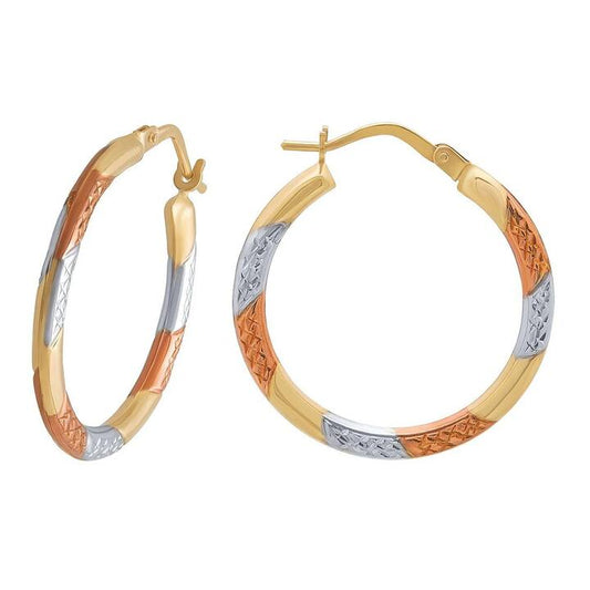 Image of Earrings. Productname: 9kt Three Tone 20mm Hoop Earrings in Gold colour by brand - Bevilles
