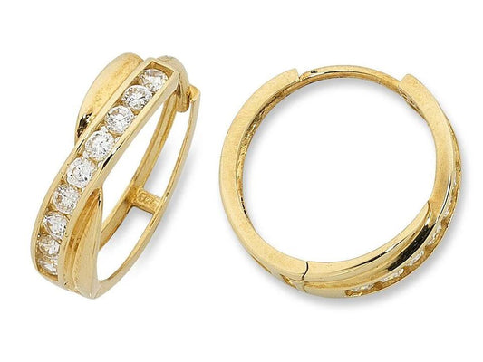 Image of Earrings. Productname: Cross Over Cubic Zirconia Huggie Earrings in 9kt Yellow Gold in colour by brand - Bevilles