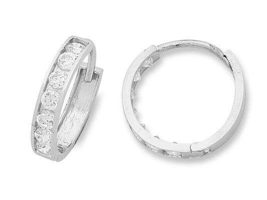 Image of Earrings. Productname: 11mm Channel Set Cubic Zirconia Hoop Earrings in 9kt White Gold in Gold colour by brand - Bevilles