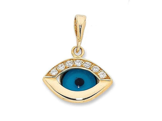Image of Charms. Productname: Cubic Zirconia Evil Eye Pendant in 9kt Yellow Gold in Gold colour by brand - Bevilles