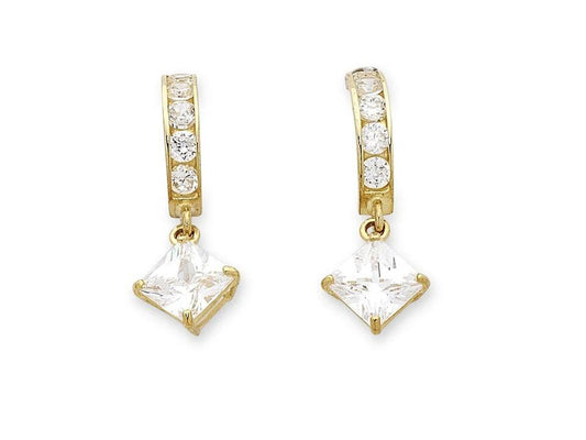Image of Earrings. Productname: 9kt Yellow Gold Cubic Zirconia Drop Hoop Earrings in Gold colour by brand - Bevilles