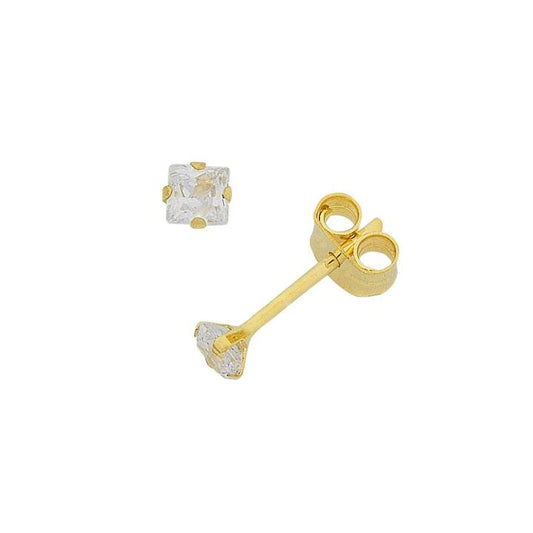 Image of Earrings. Productname: 3mm Claw Set Square Cubic Zirconia Stud Earrings in 9kt Yellow Gold in colour by brand - Bevilles