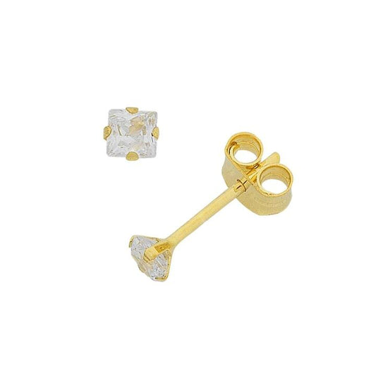 Image of Earrings. Productname: 4mm Claw Set Square Cubic Zirconia Stud Earrings in 9kt Yellow Gold in Gold colour by brand - Bevilles