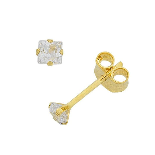Image of Earrings. Product name - 5mm Claw Set Square Cubic Zirconia Stud Earrings in 9kt Yellow Gold in colour by brand - Bevilles