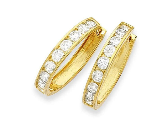 Image of Earrings. Productname: 11mm Channel Set Cubic Zirconia Hoop Earrings in 9kt Yellow Gold in colour by brand - Bevilles