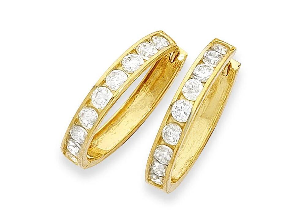 Image of Earrings. Product name - 11mm Channel Set Cubic Zirconia Hoop Earrings in 9kt Yellow Gold in colour by brand - Bevilles