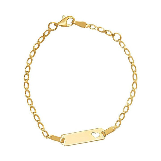 Image of Bracelets. Productname: 9kt Yellow Gold Silver Infused Cut Out Heart Foldover Link ID Bracelet in Gold colour by brand - Bevilles