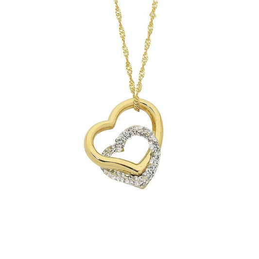 Image of Necklaces. Productname: 9kt Yellow Gold Silver Infused Double Heart Necklace 43cm in Gold colour by brand - Bevilles