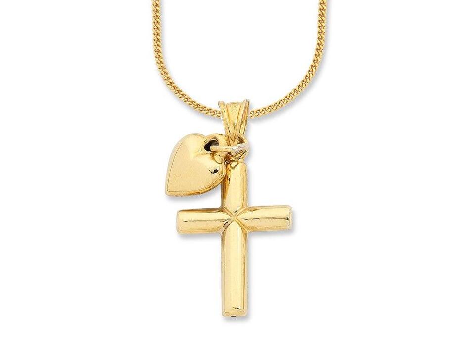 Image of Necklaces. Productname: 45cm Cross and Heart Pendant Necklace in 9kt Yellow Bonded Gold in Gold colour by brand - Bevilles