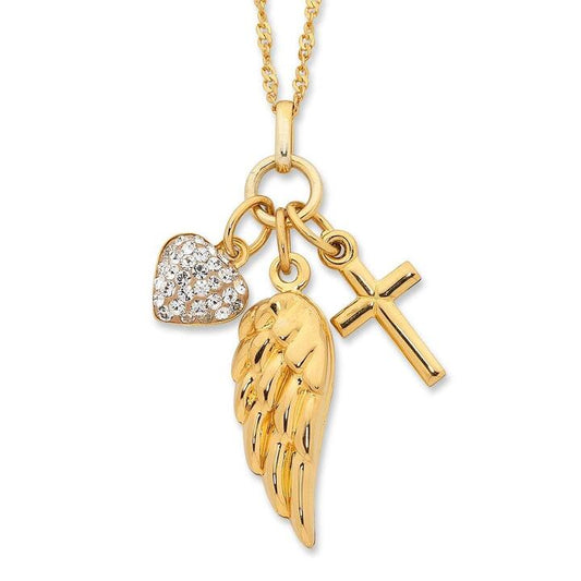 Image of Necklaces. Productname: 9kt Yellow Gold Silver Infused Heart + Cross + Wing Necklace in Gold colour by brand - Bevilles