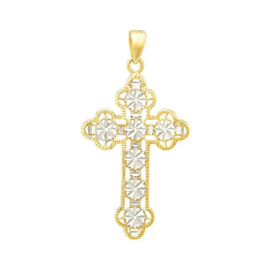 Image of Charms. Productname: Ornate Cross Pendant in 9kt White and Yellow Gold in colour by brand - Bevilles