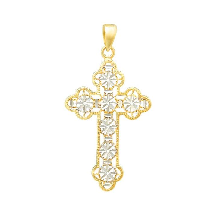 Image of Charms. Product name - Ornate Cross Pendant in 9kt White and Yellow Gold in colour by brand - Bevilles
