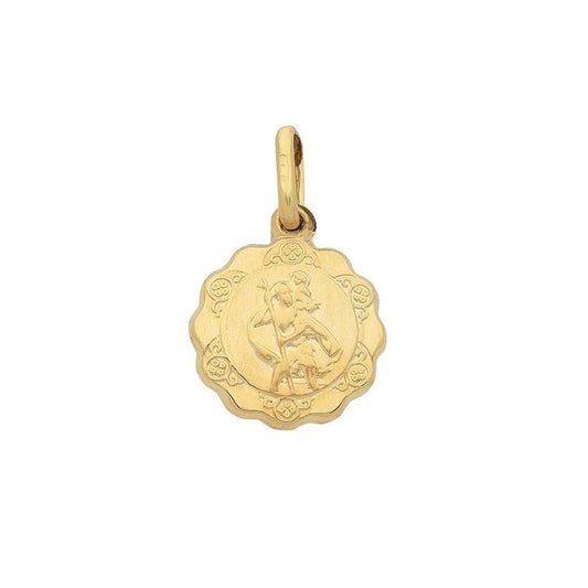 Image of Charms. Productname: Scalloped Ornate Saint Christopher Pendant in 9kt Yellow Gold in Gold colour by brand - Bevilles