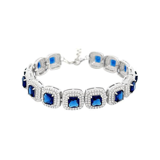 Image of Bracelets. Product name - 21cm Halo Blue and White Cubic Zirconia Bracelet in Sterling Silver in colour by brand - Bevilles