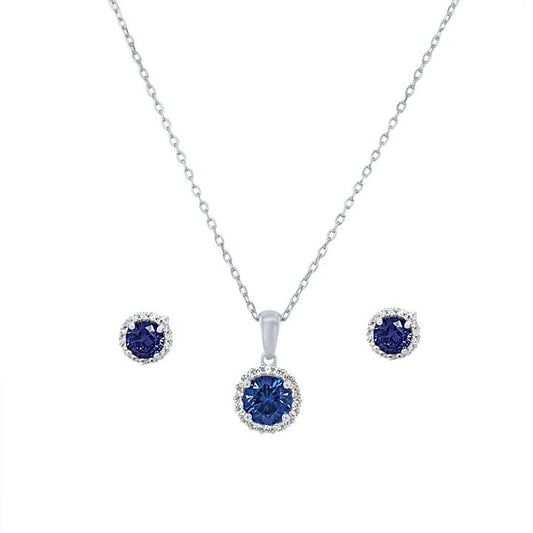 Image of Earrings. Productname: Blue Cubic Zirconia Halo Necklace & Earrings Jewellery Set in Silver colour by brand - Bevilles