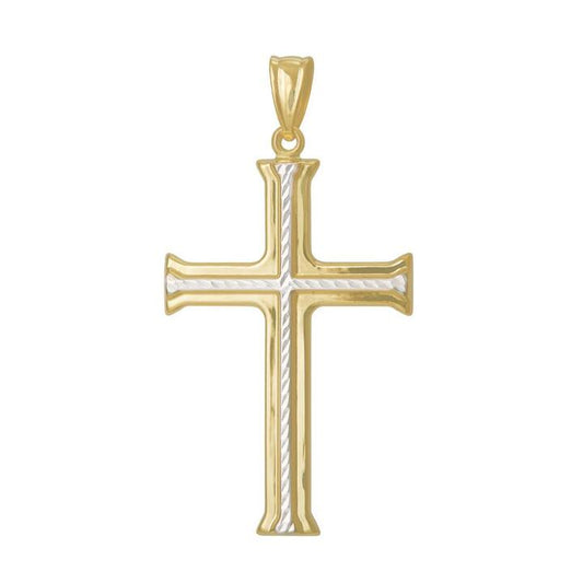 Image of Charms. Product name - Angled Cross Pendant in 9kt Yellow and White Gold in colour by brand - Bevilles