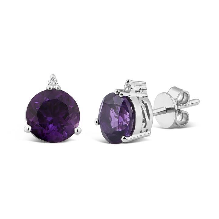 Image of Earrings. Product name - Amethyst and Diamond Set Stud Earrings in Sterling Silver in colour by brand - Bevilles
