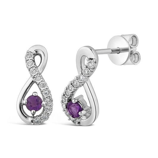 Image of Earrings. Productname: Amethyst and Diamond Infinity Earrings in Sterling Silver in Diamond colour by brand - Bevilles