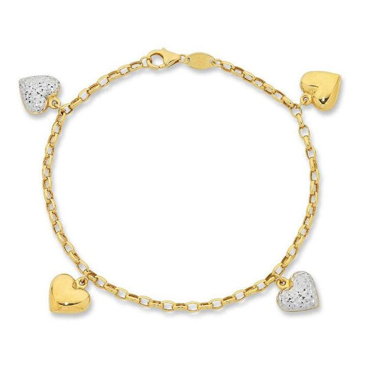 Image of Bracelets. Productname: 9kt Yellow Gold Bonded Heart Charm Bracelet in colour by brand - Bevilles