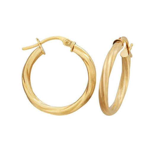 Image of Earrings. Productname: 9kt Yellow Gold 15mm Twist Hoop Earrings in Gold colour by brand - Bevilles