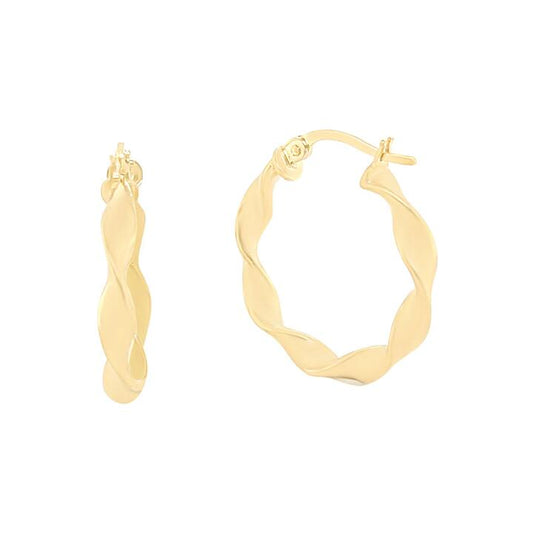 Image of Earrings. Productname: 15mm Ribbon Twist Hoop Earrings in 9kt Yellow Gold in colour by brand - Bevilles