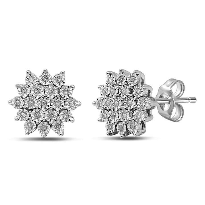 Image of Earrings. Product name - Cluster Diamond Set Stud Earrings in Sterling Silver in colour by brand - Bevilles