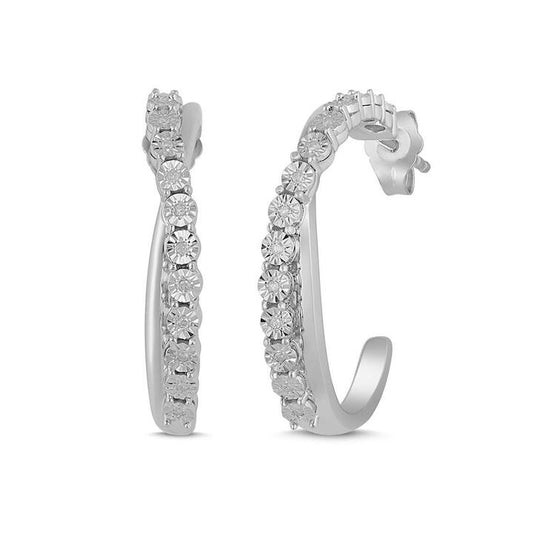Image of Earrings. Product name - Brilliant 0.08tw Diamond Crossover Hoop Earrings in Sterling Silver in colour by brand - Bevilles