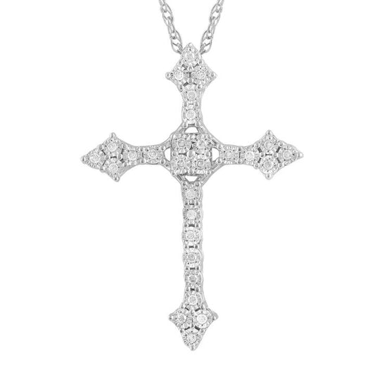 Image of Necklaces. Productname: Brilliant Miracle Cross Necklace with 0.10ct Diamonds in Sterling Silver in Diamond colour by brand - Bevilles