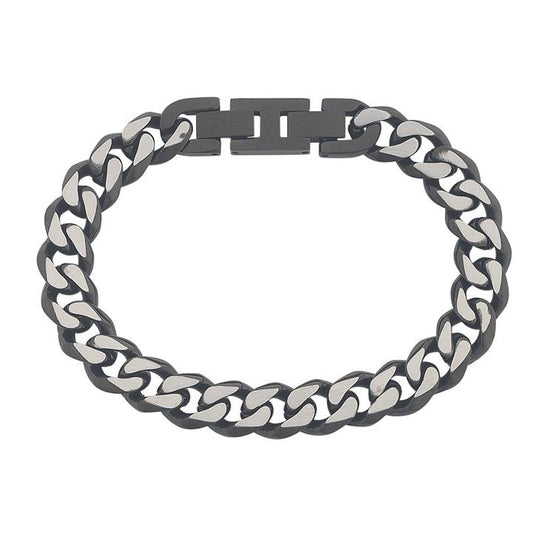 Image of Bracelets. Productname: 21.5cm 10mm Width Oxidised Men's Curb Bracelet in Stainless Steel in Silver colour by brand - Bevilles