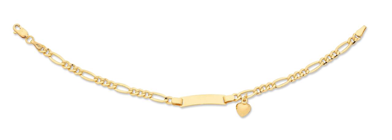 Image of Bracelets. Product name - 19cm Heart Charm Figaro I.D. Bracelet in 9kt Yellow Gold in colour by brand - Bevilles