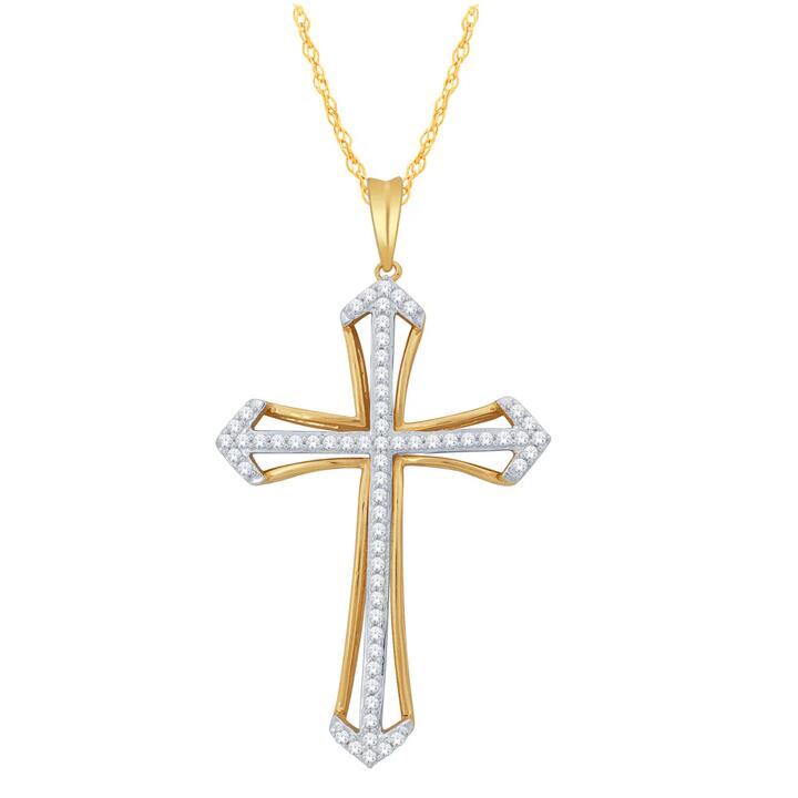 Image of Necklaces. Productname: Brilliant Claw and Fancy Cross Necklace with 0.50tw of Diamonds in 9kt Yellow Gold in Diamond colour by brand - Bevilles