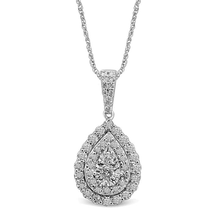 Image of Necklaces. Productname: Brilliant Claw Pear shaped Necklace with 1.00tw of Diamonds in 9kt White Gold in Diamond colour by brand - Bevilles