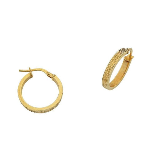 Image of Earrings. Productname: 9kt Yellow Gold Silver Infused 10mm Greek Key Hoop Earrings in Gold colour by brand - Bevilles