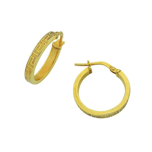 Image of Earrings. Productname: 9kt Yellow Gold Silver Infused 15mm Greek Hoop Earrings in Gold colour by brand - Bevilles