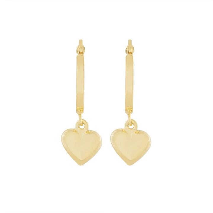 Image of Earrings. Productname: 9kt Yellow Gold Silver Infusion Hoop Earrings with Heart Drop in Gold colour by brand - Bevilles
