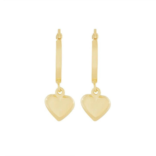 Image of Earrings. Product name - Heart Charm Hoop Earrings in 9kt Yellow Bonded Gold in colour by brand - Bevilles