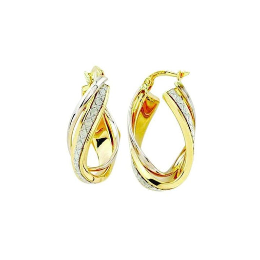 Image of Earrings. Productname: Glitter Twisted Hoop Earrings in 9kt Yellow Bonded Gold in Gold colour by brand - Bevilles