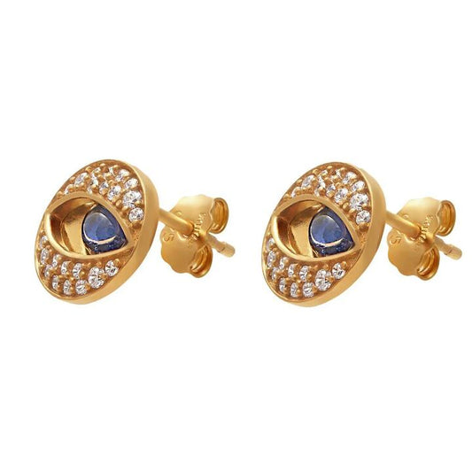 Image of Earrings. Product name - Cubic Zirconia and Enamel Evil Eye Stud Earrings in 9kt Yellow Bonded Gold in colour by brand - Bevilles
