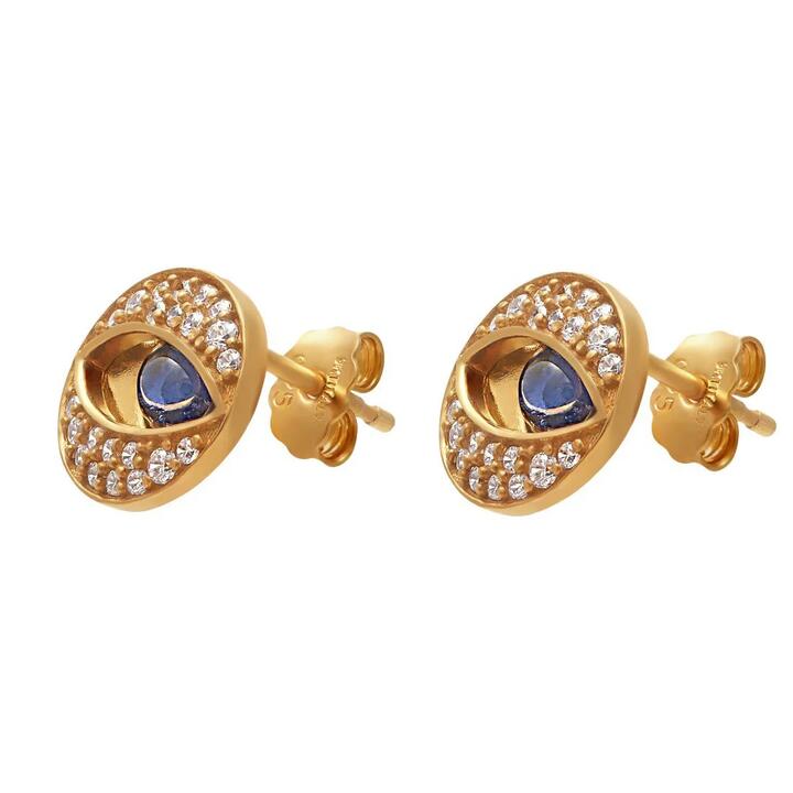 Image of Earrings. Product name - Cubic Zirconia and Enamel Evil Eye Stud Earrings in 9kt Yellow Bonded Gold in colour by brand - Bevilles