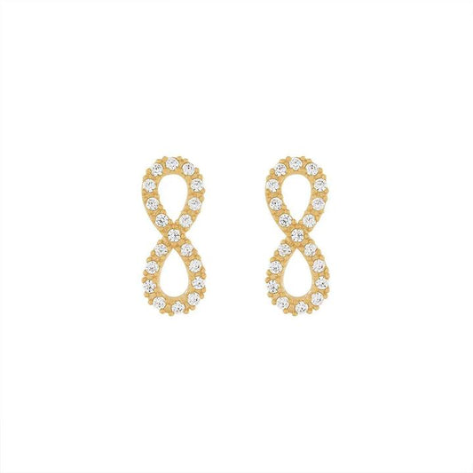 Image of Earrings. Productname: 9kt Yellow Gold Silver Infused Infinity Stud Earrings with Cubic Zircona in Gold colour by brand - Bevilles