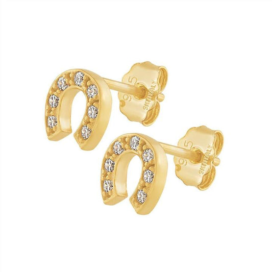 Image of Earrings. Productname: 9kt Yellow Gold Silver Infused Horseshoe Stud Earrings with Cubic Zircona in Gold colour by brand - Bevilles
