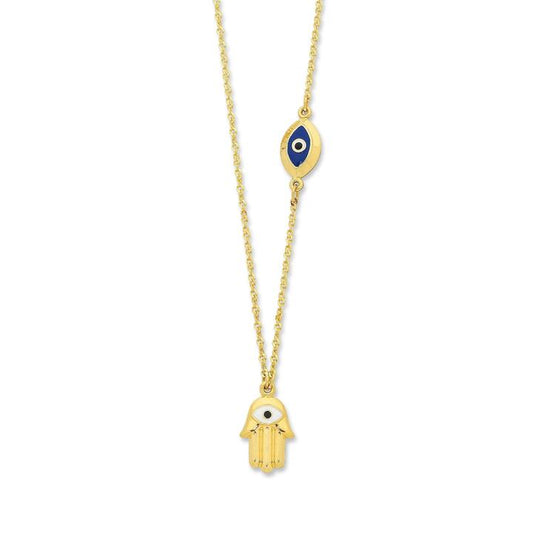 Image of Charms. Product name - 45cm Hamsa Pendant Necklace with Evil Eye Charm in 9kt Yellow Bonded Gold in colour by brand - Bevilles