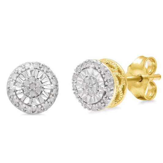Image of Earrings. Productname: Brilliant Halo Round Stud Earrings with 0.10ct of Diamonds in 9kt Yellow Gold in Diamond colour by brand - Bevilles
