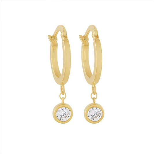 Image of Earrings. Productname: 9kt Yellow Gold Silver Infused Hoop Earrings with Cubic Zirconia Drop in Gold colour by brand - Bevilles