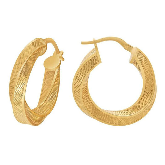 Image of Earrings. Productname: 9kt Yellow Gold Silver Infused 20mm Fancy Twist Hoop Earrings in Gold colour by brand - Bevilles