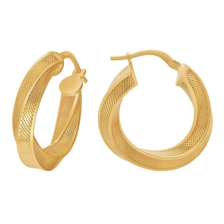 Image of Earrings. Product name - 9kt Yellow Gold Bonded 20mm Fancy Twist Hoop Earrings in colour by brand - Bevilles