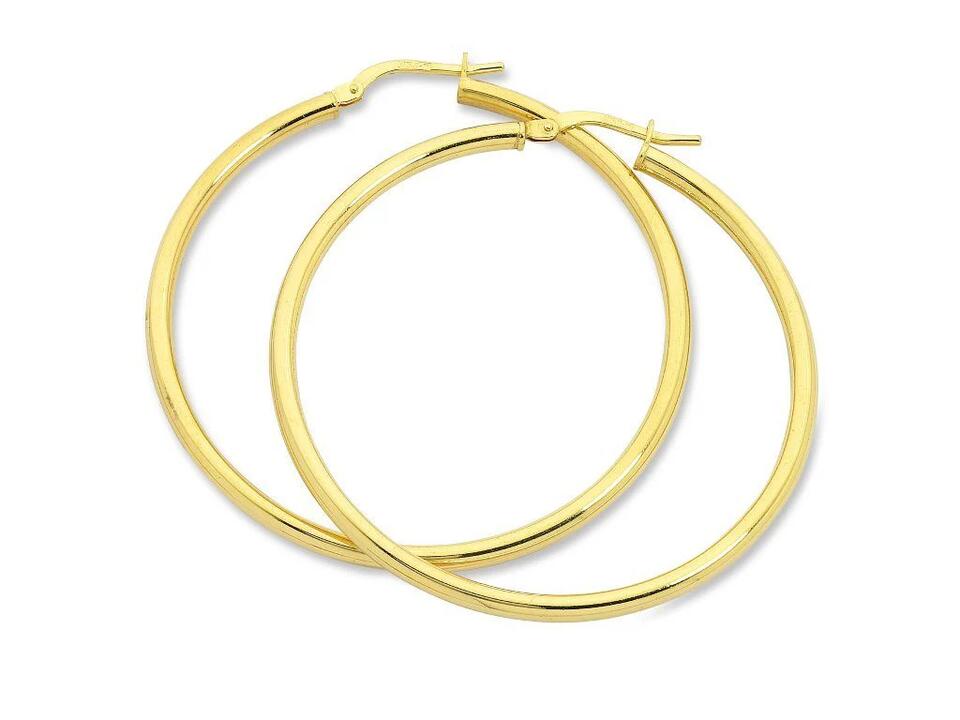 Image of Earrings. Productname: 9kt Yellow Gold Silver Infused 40mm Plain Hoop Earrings in Gold colour by brand - Bevilles